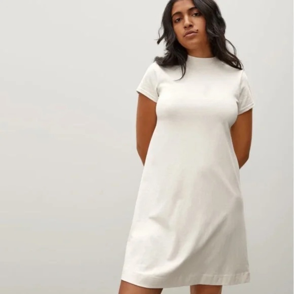 Everlane 100% Cotton Cream Weekend Swing Dress Mock Neck Medium 1010